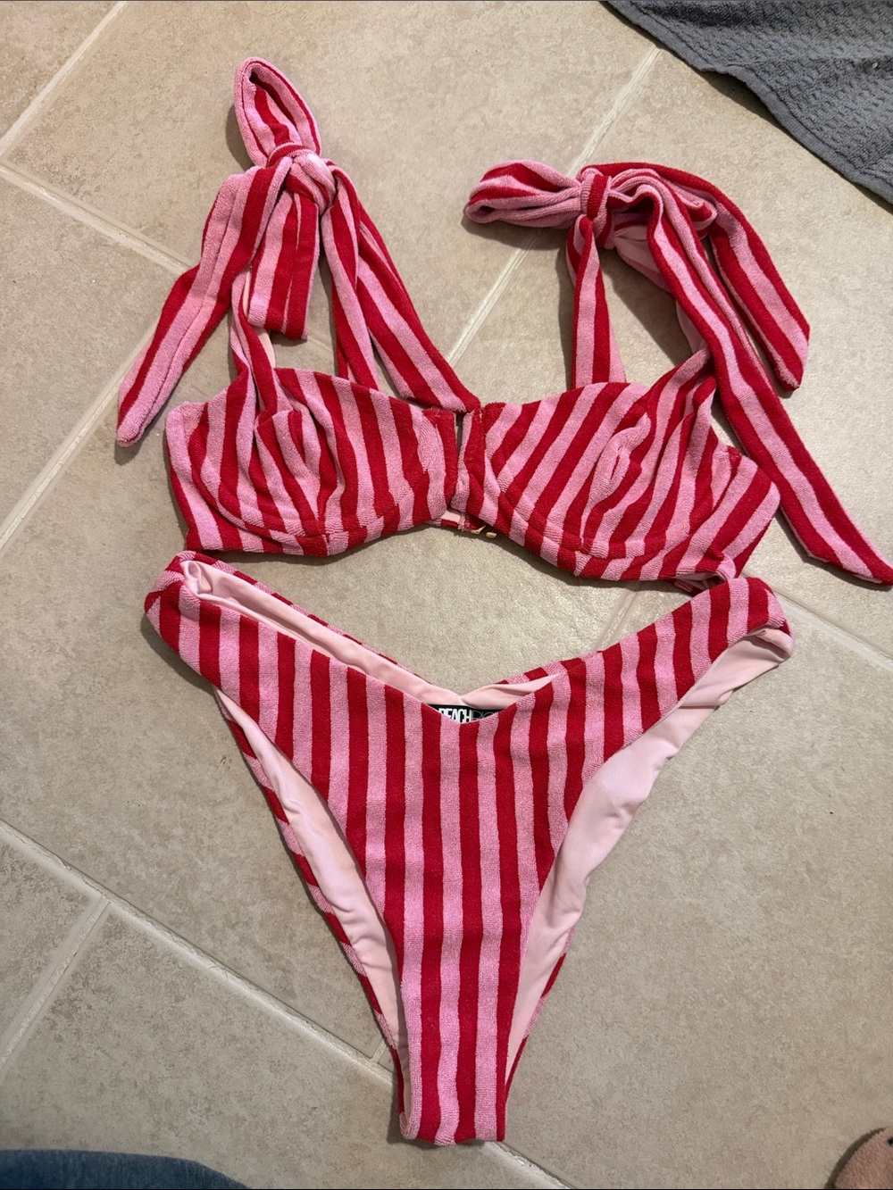 Beach Riot Pink & Red Striped Tie-Shoulder Bikini